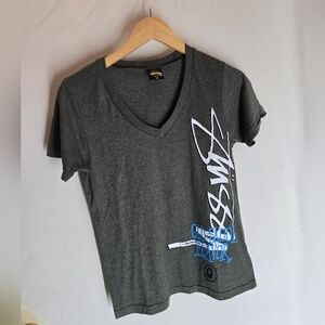 Vintage Stussy Womens Medium Spell Out Script V-Neck T-Shirt Heather Green USA